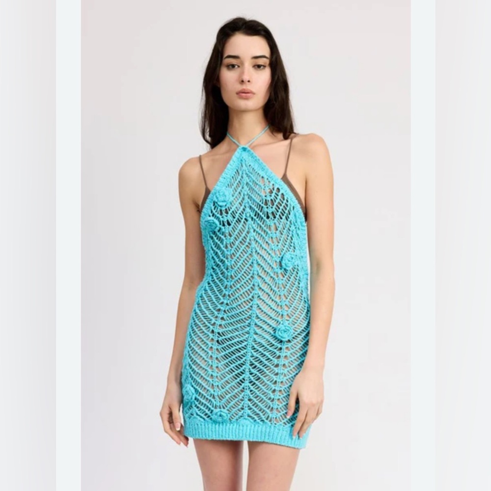 Aqua Crochet Halter Swimsuit Cover Up